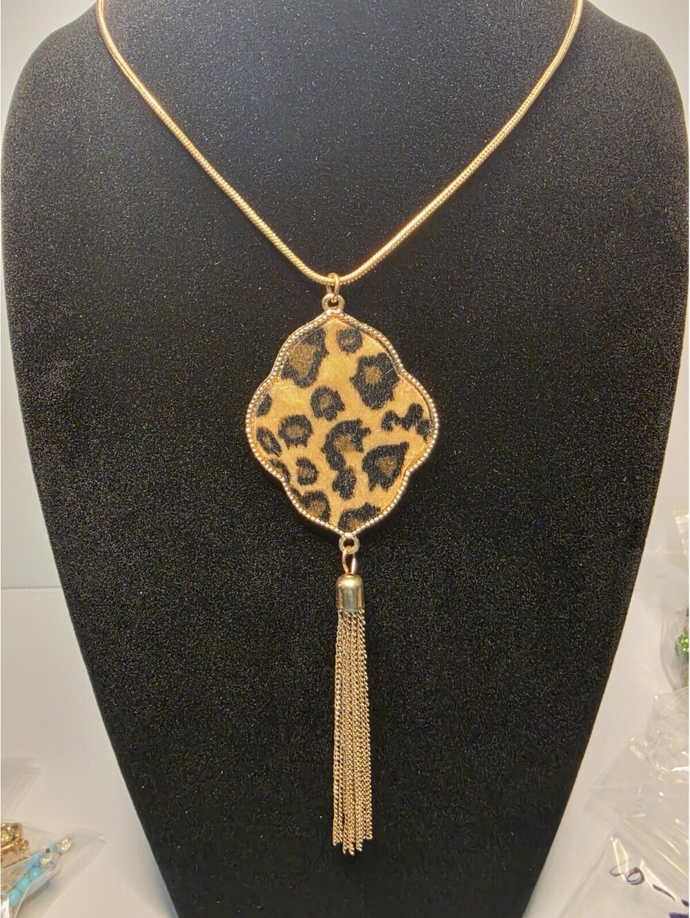 Leopard Quatrefoil Pendant Long Necklace w/ Tassel Fringe for Women - Boho Style
